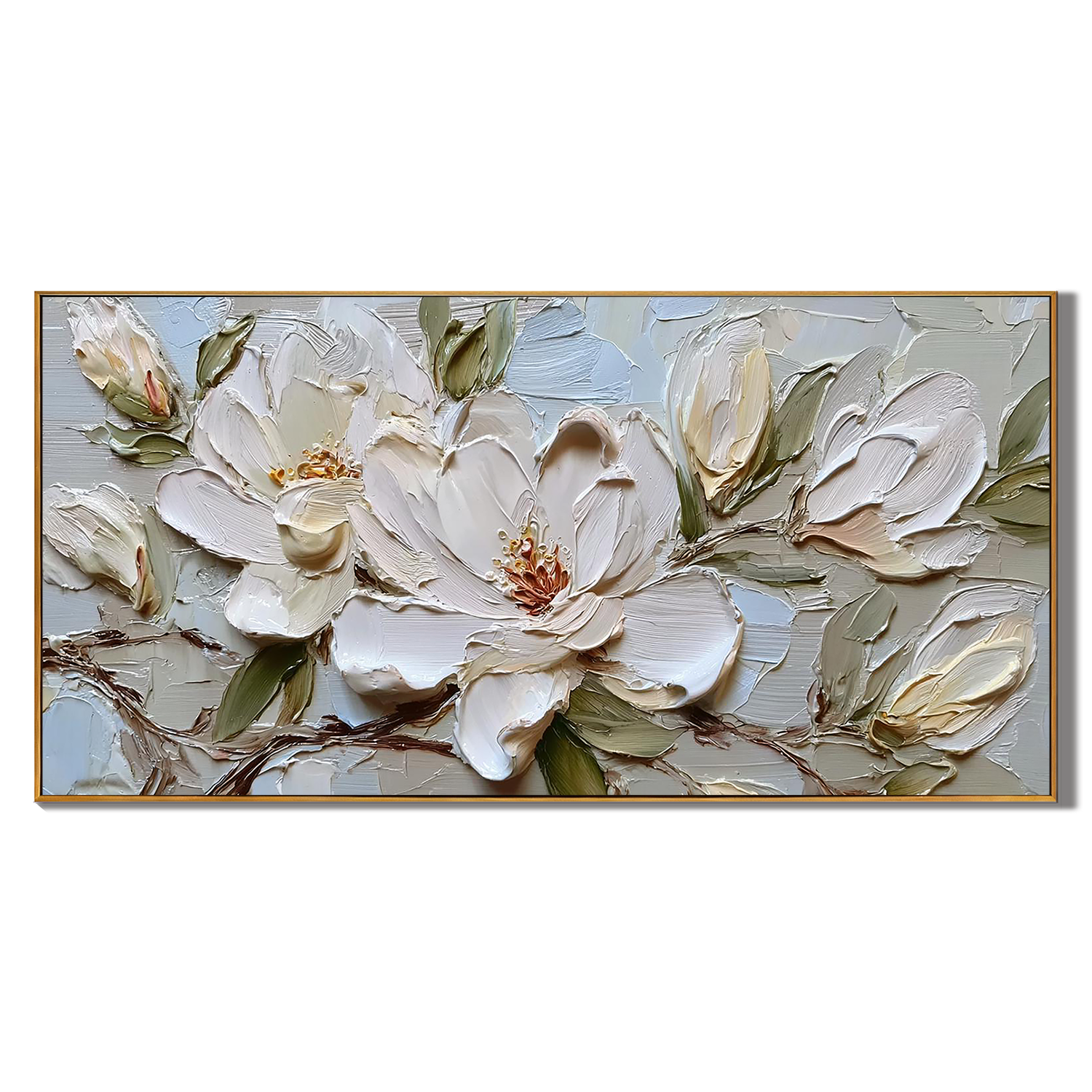 SERENE MAGNOLIA: Panoramic 3D Heavy Texture Floral Wall Art, Modern White Petal Relief Impasto