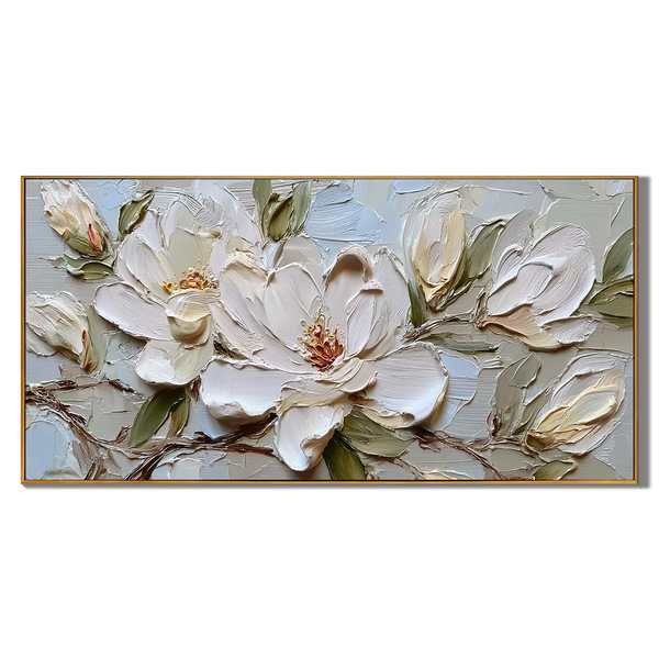Serene Magnolia – Modern White Petal Relief Impasto Floral Painting | Contemporary Botanical Bedroom & Living Room Art