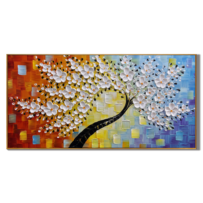 Dance of Life – Modern Textured Impasto Flower Tree | Artful Warm-Cool Contrast Entryway Wall Art