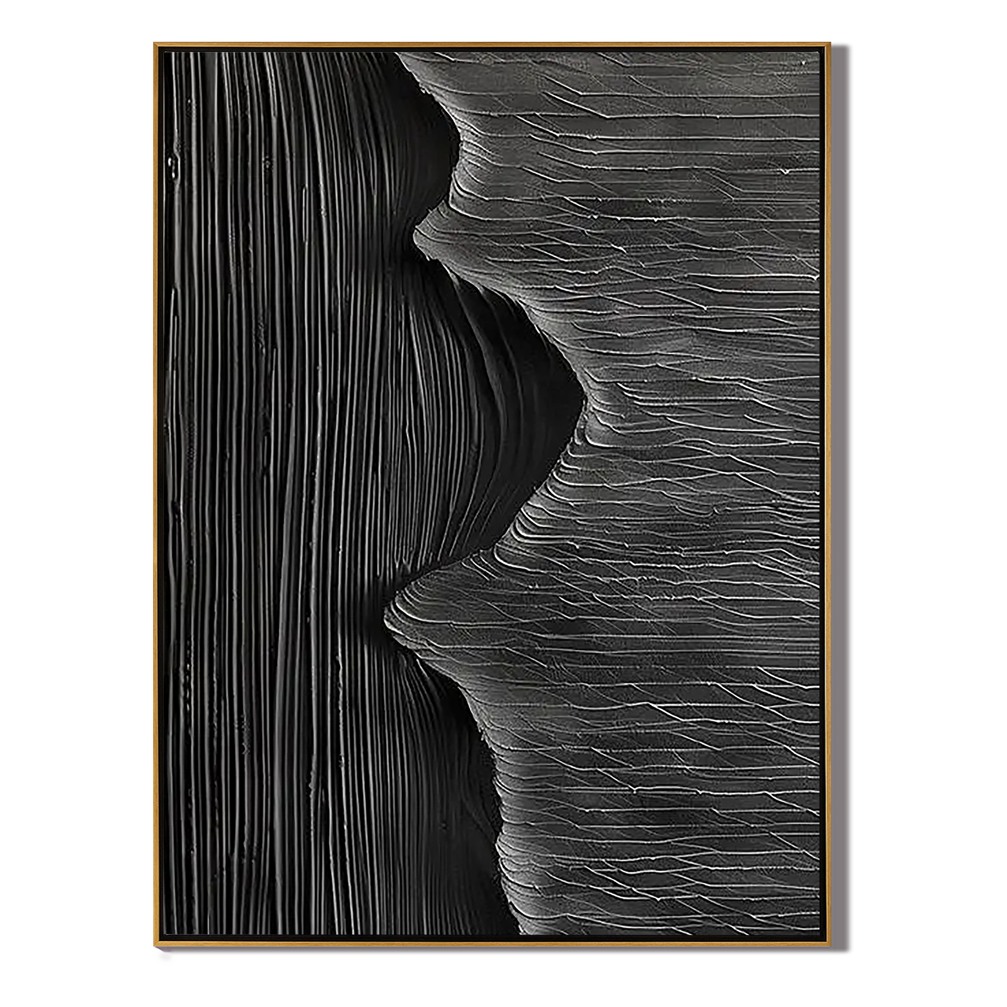 DARK PULSE: Texture Wall Art, Hand-Painted All-Black High-Density Linear Plaster Relief 3D Textured Gallery Art