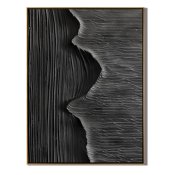 Dark Pulse – Hand-Painted All-Black High-Density Linear Plaster Relief Texture Painting | Modern Industrial Plaster Home Office & Living Room Art