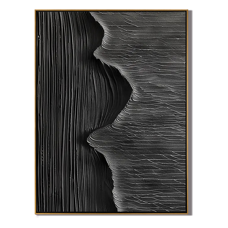 Dark Pulse – Hand-Painted All-Black High-Density Linear Plaster Relief Texture Painting | Modern Industrial Plaster Home Office & Living Room Art