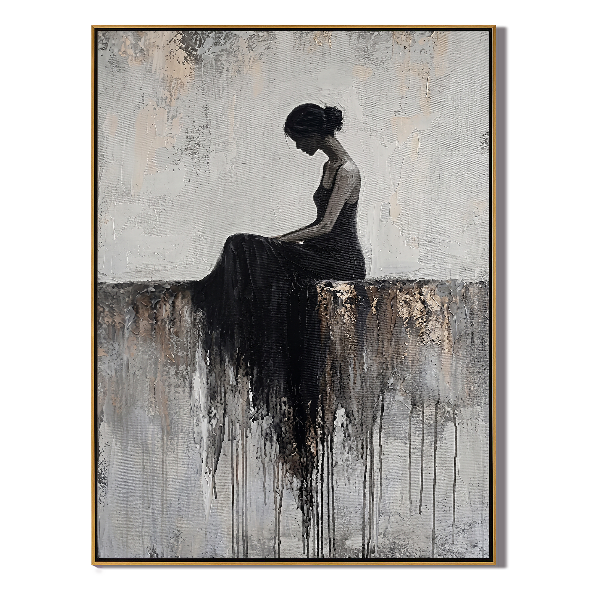 Soul's Sanctuary - Modern Figurative Impasto Black Dress Painting | Minimalist Bedroom Wall Art