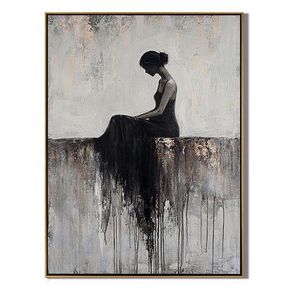 Soul's Sanctuary – Modern Figurative Impasto Black Dress Painting | Minimalist Bedroom Wall Art