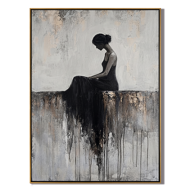 Soul's Sanctuary – Modern Figurative Impasto Black Dress Painting | Minimalist Bedroom Wall Art
