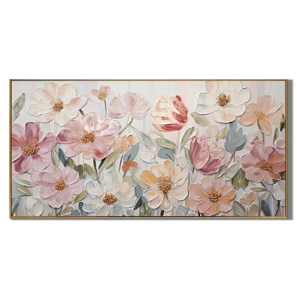 Morning Dew Whispers – Modern Impasto Pastel Blush Floral Canvas | Romantic Living Room Wall Art