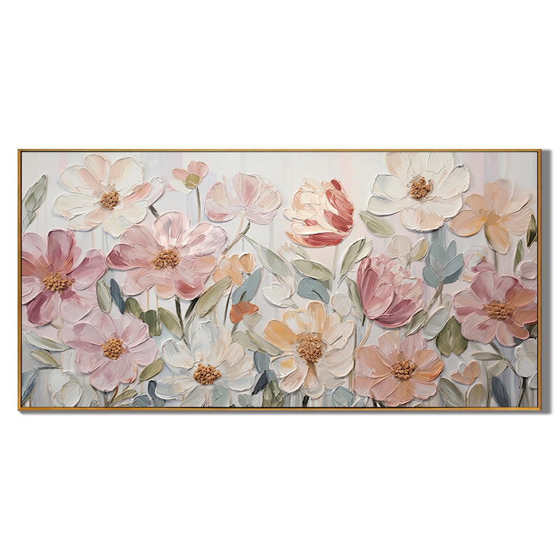Morning Dew Whispers – Modern Impasto Pastel Blush Floral Canvas | Romantic Living Room Wall Art