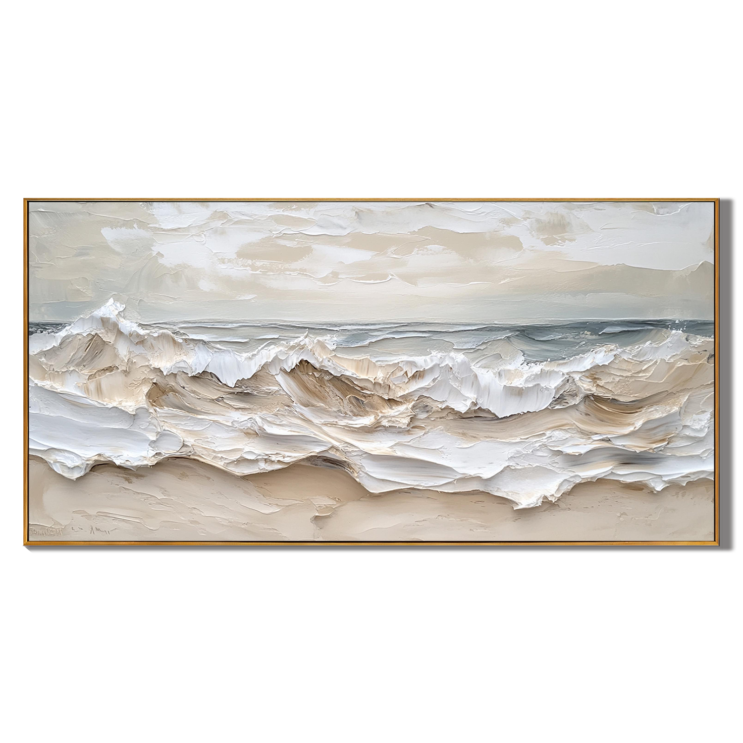 WHIPPED TIDES: Seascape Wall Art, Hand-Painted Creamy White Ocean Wave Plaster Effect Heavy Texture Canvas Painting