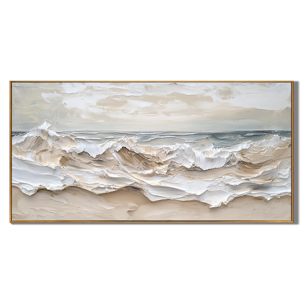 Whipped Tides – Hand-Painted Creamy White Ocean Wave Plaster Effect Seascape Painting | Coastal Modern Living Room & Bedroom Art