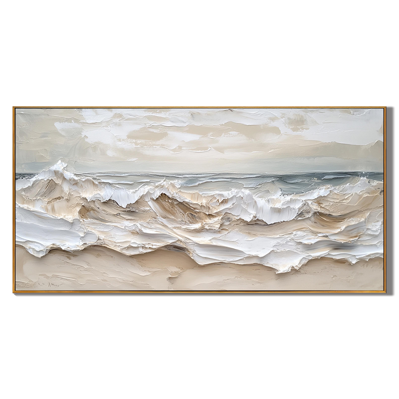 Whipped Tides – Hand-Painted Creamy White Ocean Wave Plaster Effect Seascape Painting | Coastal Modern Living Room & Bedroom Art