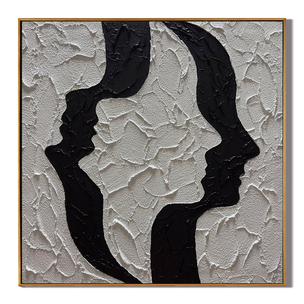 Twin Souls – Hand-Painted Black and White Face Silhouette 3D Plaster Effect Abstract Painting | Industrial Abstract Home Office & Living Room Art