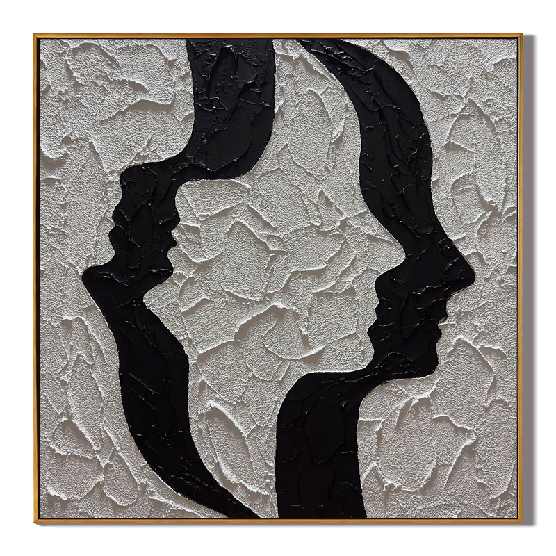 Twin Souls – Hand-Painted Black and White Face Silhouette 3D Plaster Effect Abstract Painting | Industrial Abstract Home Office & Living Room Art