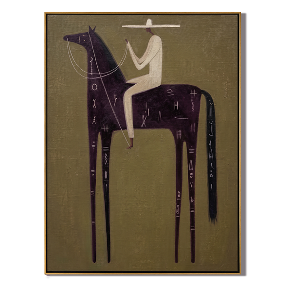 The Glyph Horse – Vintage Americana Rider on Script-Marked Dark Horse Painting | Contemporary Art Living Room