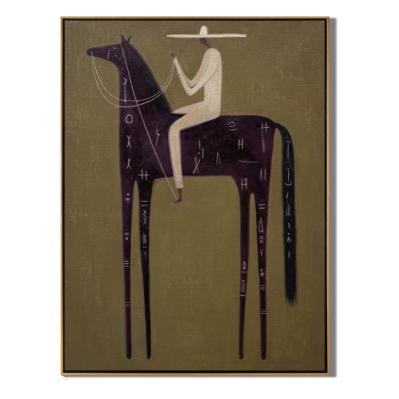 The Glyph Horse – Vintage Americana Rider on Script-Marked Dark Horse Painting | Contemporary Art Living Room