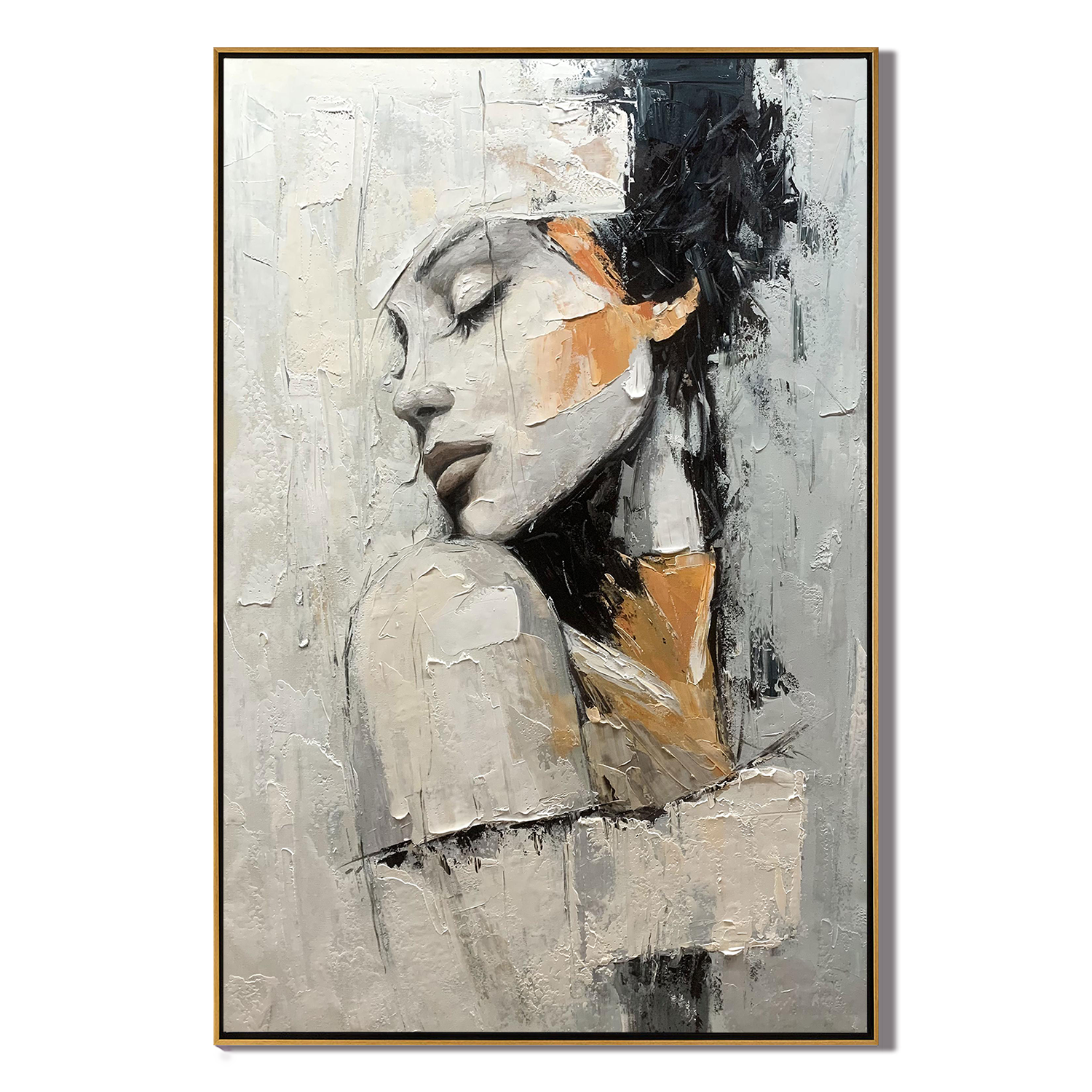 Silent Contemplation – Modern Luxury Expressionist Portrait Textured Painting | Premium Gray Bedroom Art