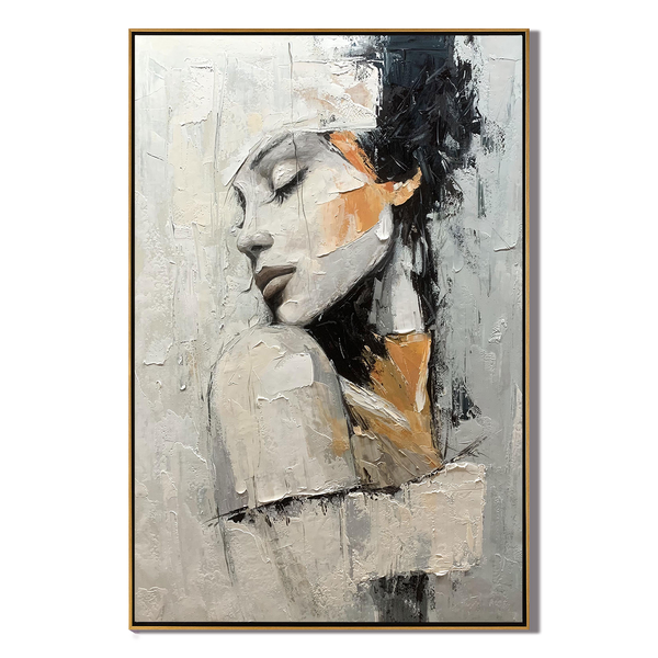 Silent Contemplation – Modern Luxury Expressionist Portrait Textured Painting | Premium Gray Bedroom Art