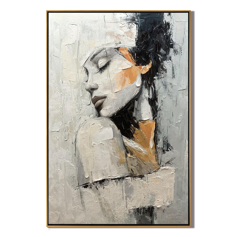 Silent Contemplation – Modern Luxury Expressionist Portrait Textured Painting | Premium Gray Bedroom Art