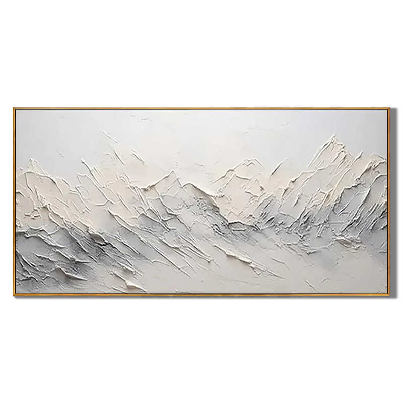 Snowy Peaks – Hand-Painted Plaster Effect 3D Palette Knife Mountain Painting | Contemporary Mountain Living Room & Home Office Art