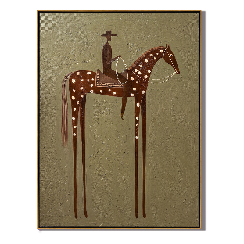 The Spotted Saddle – Vintage Americana Cowboy on Star-Dotted Horse Painting | Wabi-Sabi Hallway Art