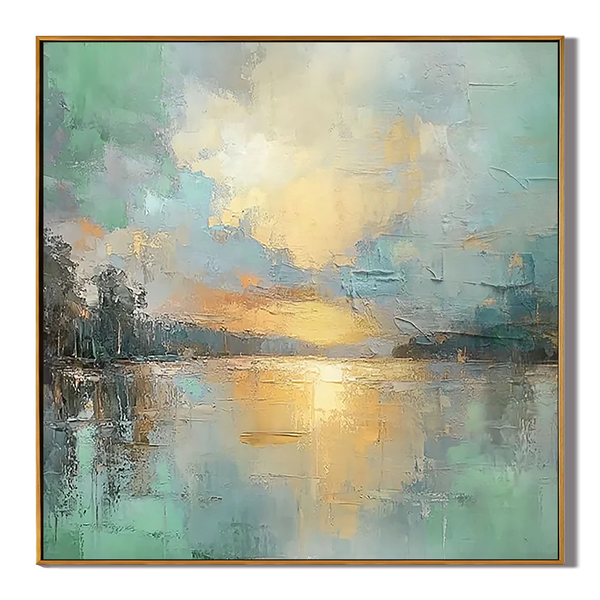 Golden Serenity – Modern Impressionist Landscape Painting | Creative Sunset Lake Hallway Art