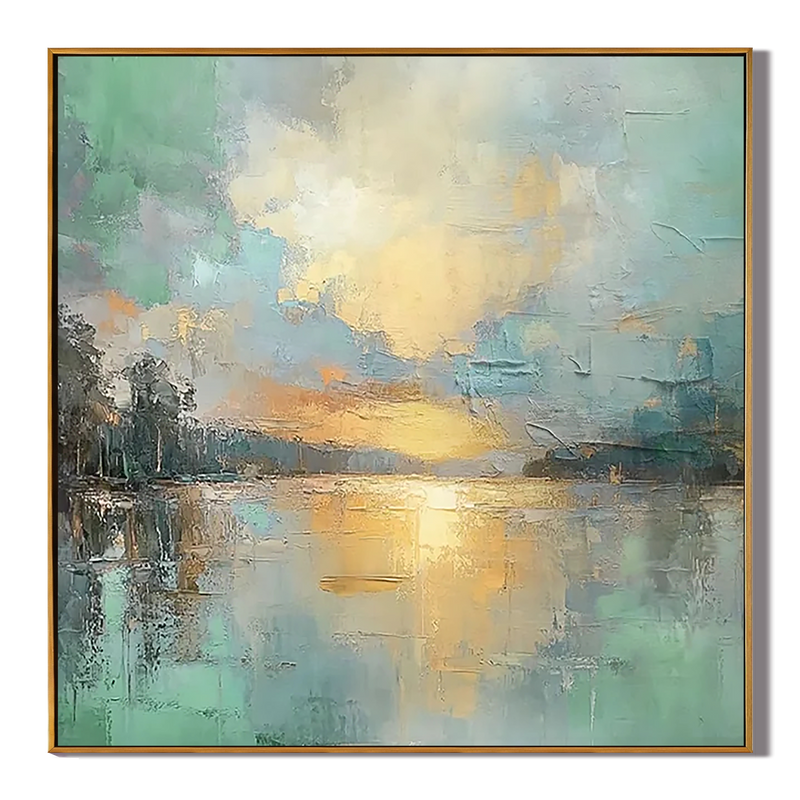 Golden Serenity – Modern Impressionist Landscape Painting | Creative Sunset Lake Hallway Art