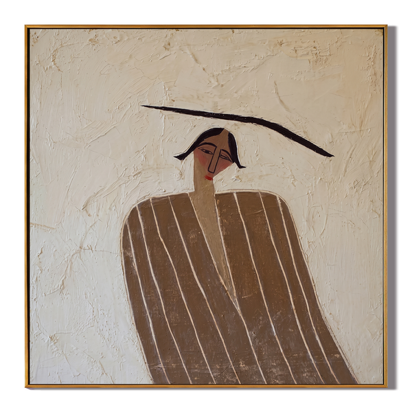 The Cream Solitude – Wabi-Sabi Heavy Textured Woman Portrait Painting | Minimalist Square Hallway Art