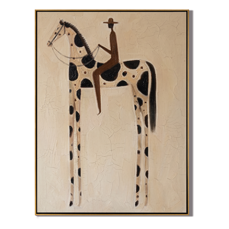 Cracked Ground Pinto – Vintage Americana Rider on Black-Spot Horse Painting | Rustic Contemporary Living Room Art