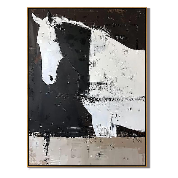 Silent Solitude – Modern Minimalist Black and White Horse Painting | Contemporary Textured Living Room  Art