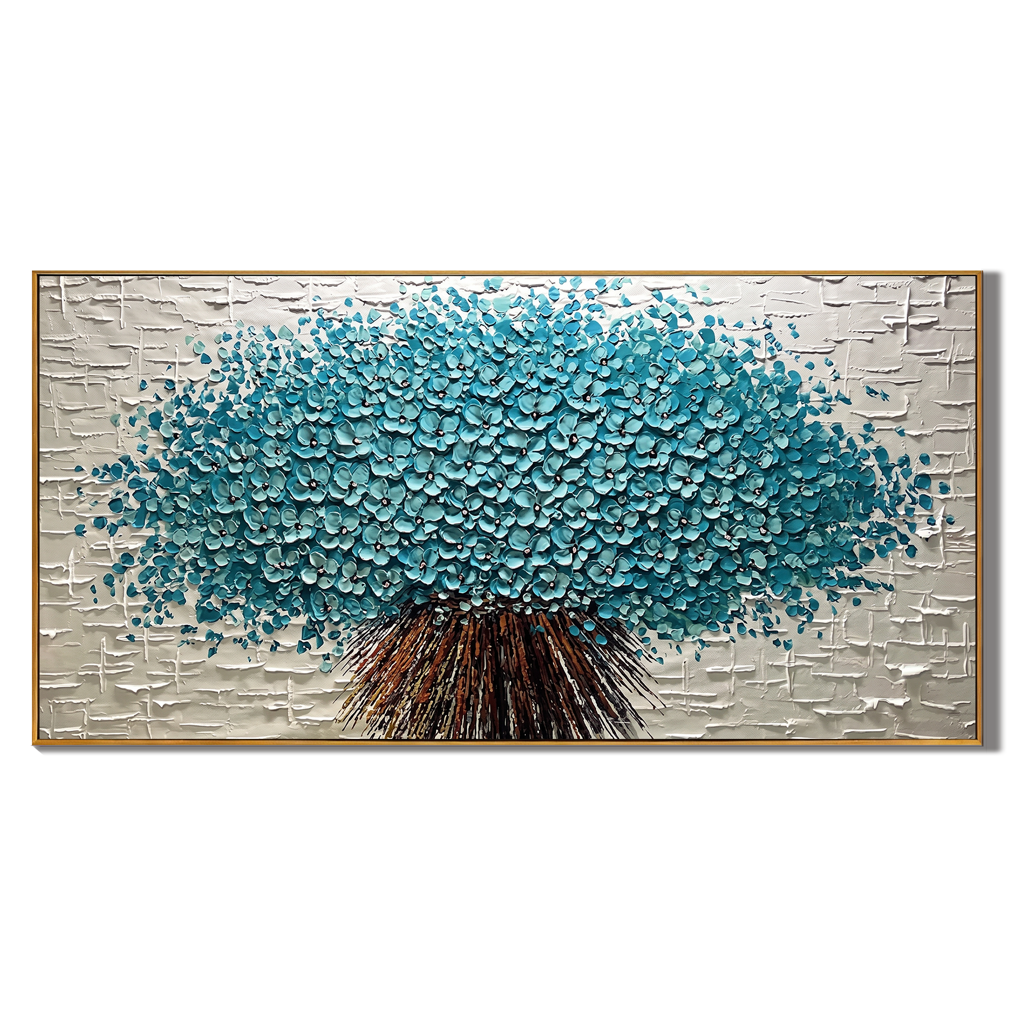 Cerulean Symphony - Modern Heavy Impasto Teal Bouquet | Sophisticated Horizontal Living Room Art