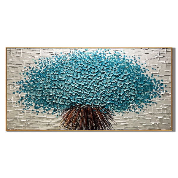 Cerulean Symphony – Modern Heavy Impasto Teal Bouquet | Sophisticated Horizontal Living Room Art