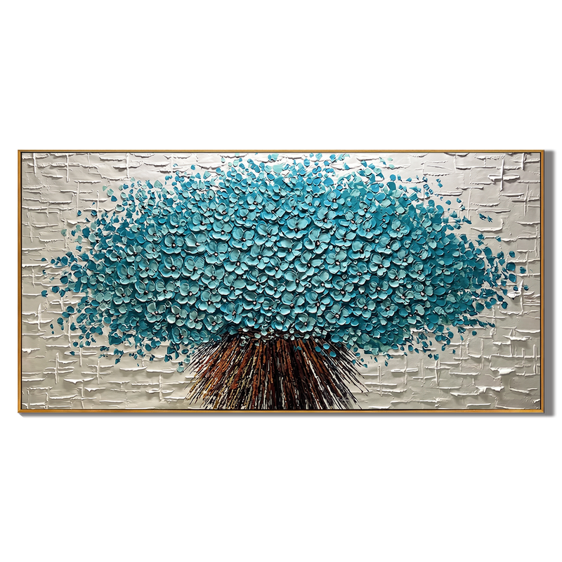 Cerulean Symphony – Modern Heavy Impasto Teal Bouquet | Sophisticated Horizontal Living Room Art