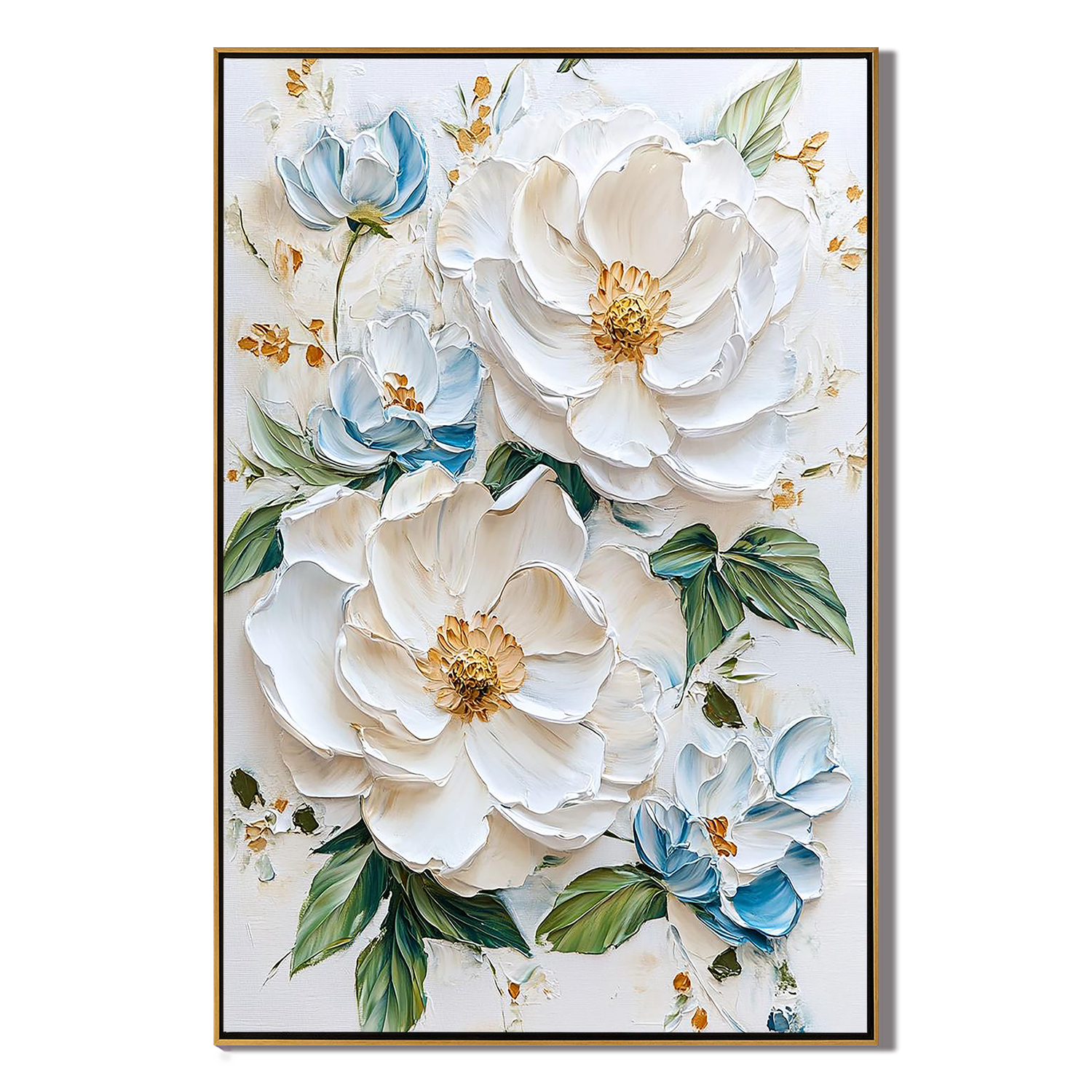 PURE ELEGANCE: Floral Wall Art, Hand-Painted Off-White and Soft Blue 3D Relief Plaster Effect Heavy Texture Gallery Art