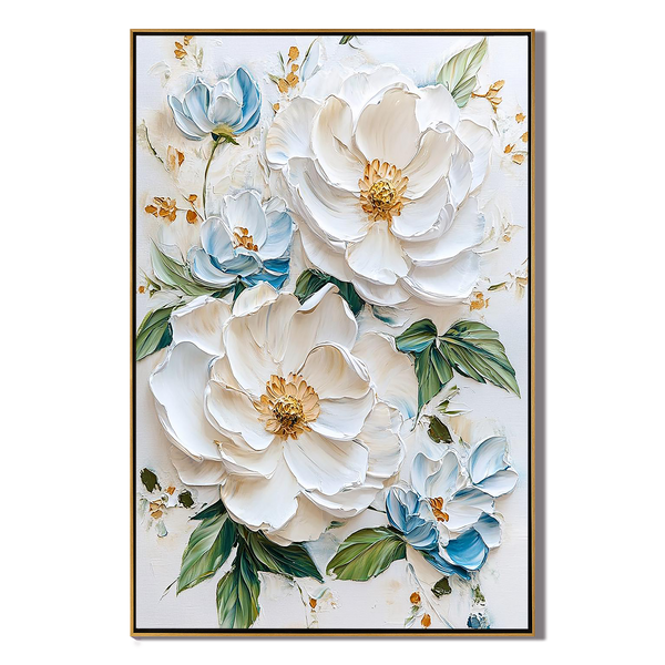 Pure Elegance – Hand-Painted Off-White and Soft Blue 3D Relief Plaster Effect Floral Painting | Soft Organic Botanical Bedroom & Living Room Art