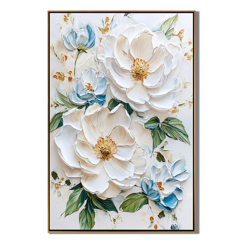 Pure Elegance – Hand-Painted Off-White and Soft Blue 3D Relief Plaster Effect Floral Painting | Soft Organic Botanical Bedroom & Living Room Art