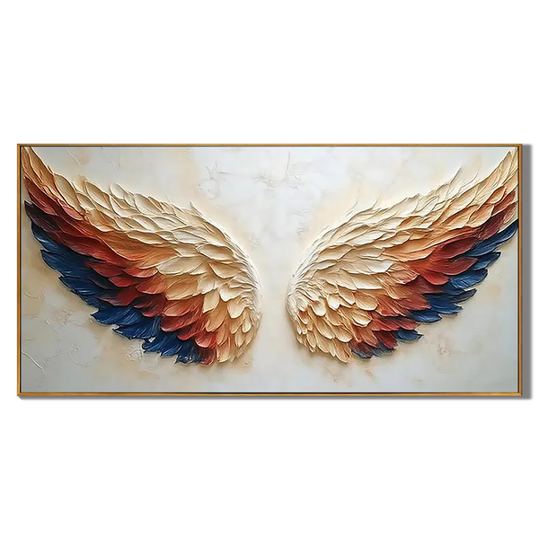 Celestial Wings – Hand-Painted Navy Blue and Terracotta Angel Wings 3D Relief Plaster Texture Painting | Japandi Organic Texture Living Room & Bedroom Art