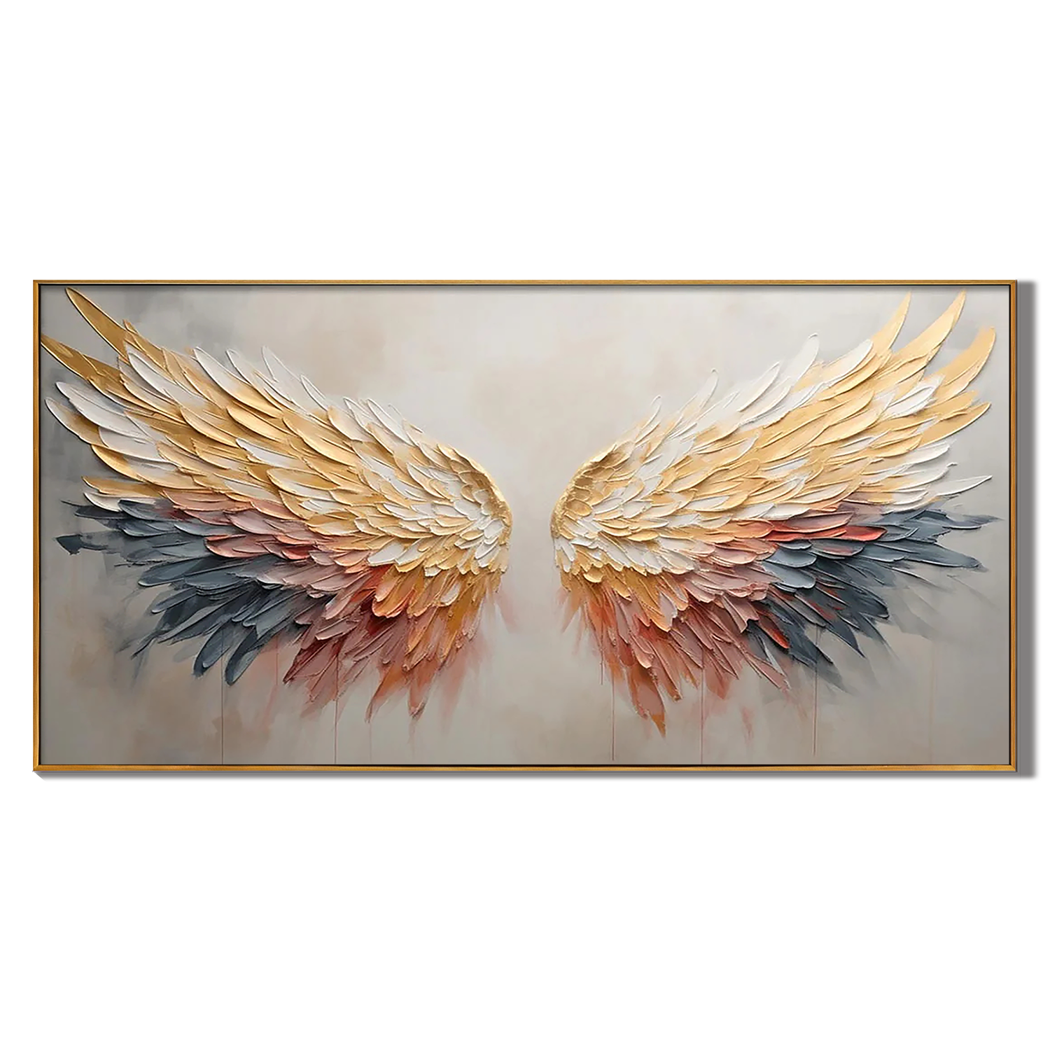 CELESTIAL ASCENT: Panoramic 3D Heavy Texture Wing Wall Art, Gold & Rose Pink Feather Relief