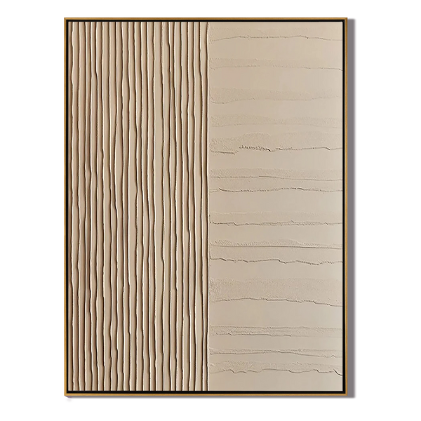 Linear Harmony – Hand-Painted Minimalist Beige Line Plaster Effect Relief Wabi-Sabi Painting | Japandi Organic Wabi-Sabi Living Room & Hallway Art