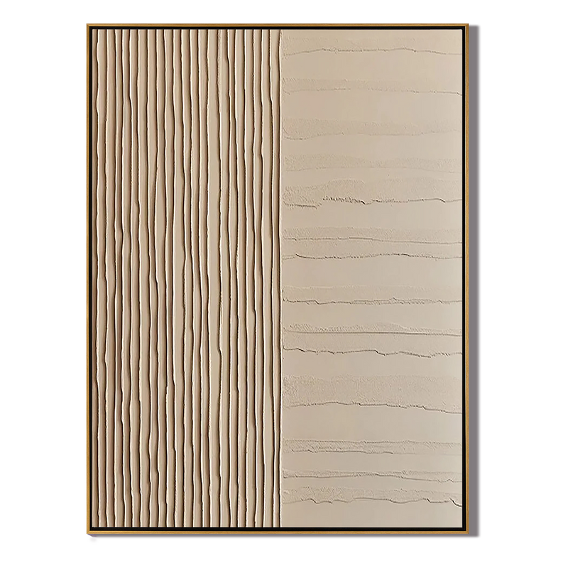Linear Harmony – Hand-Painted Minimalist Beige Line Plaster Effect Relief Wabi-Sabi Painting | Japandi Organic Wabi-Sabi Living Room & Hallway Art