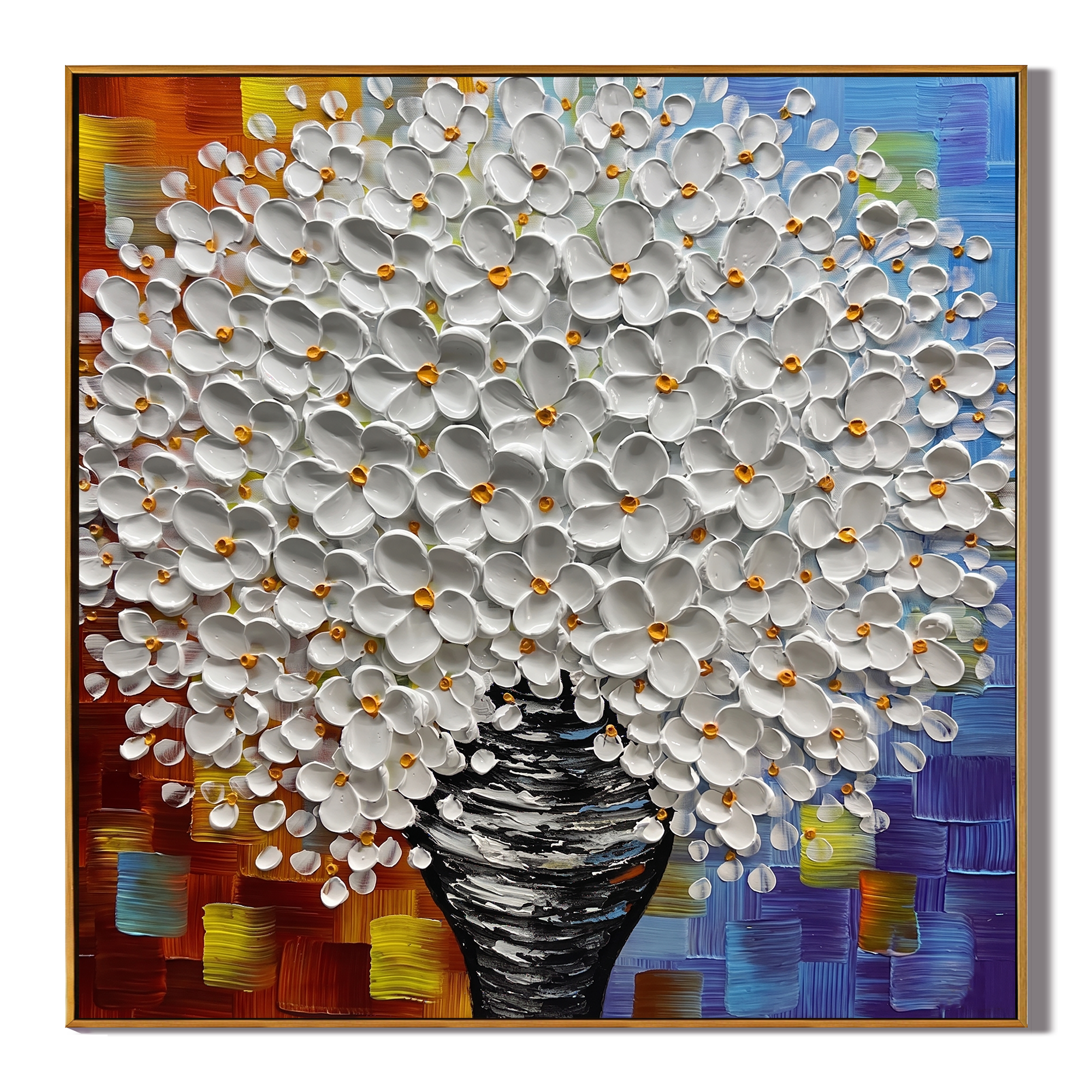 Ode to Blossoms - Modern Colorful Impasto White Floral Canvas | Vibrant Living Room Wall Art