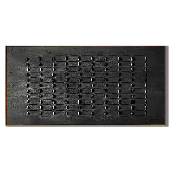 The Dark Matrix – All Black Minimalist 3D Textured Relief Art | Wabi-Sabi Horizontal Home Office Art