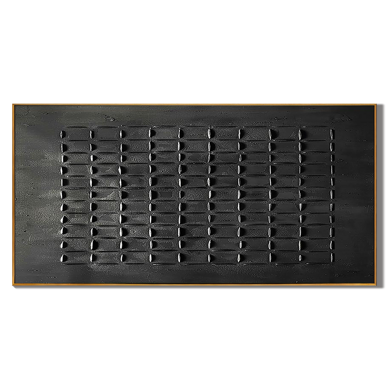 The Dark Matrix – All Black Minimalist 3D Textured Relief Art | Wabi-Sabi Horizontal Home Office Art