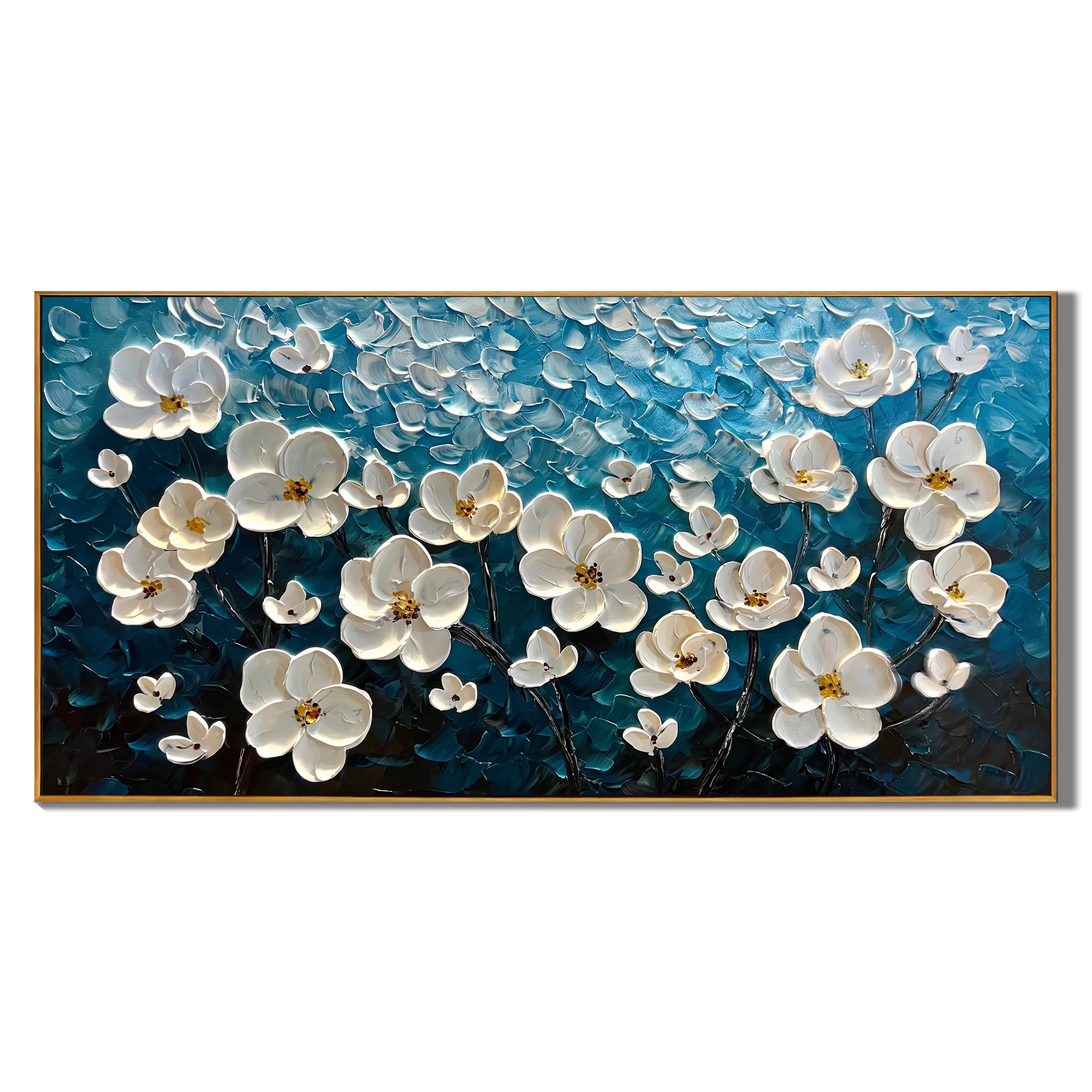 Lunar Serenity - Modern 3D Impasto Teal & White Floral | Minimalist Horizontal Living Room Wall Art