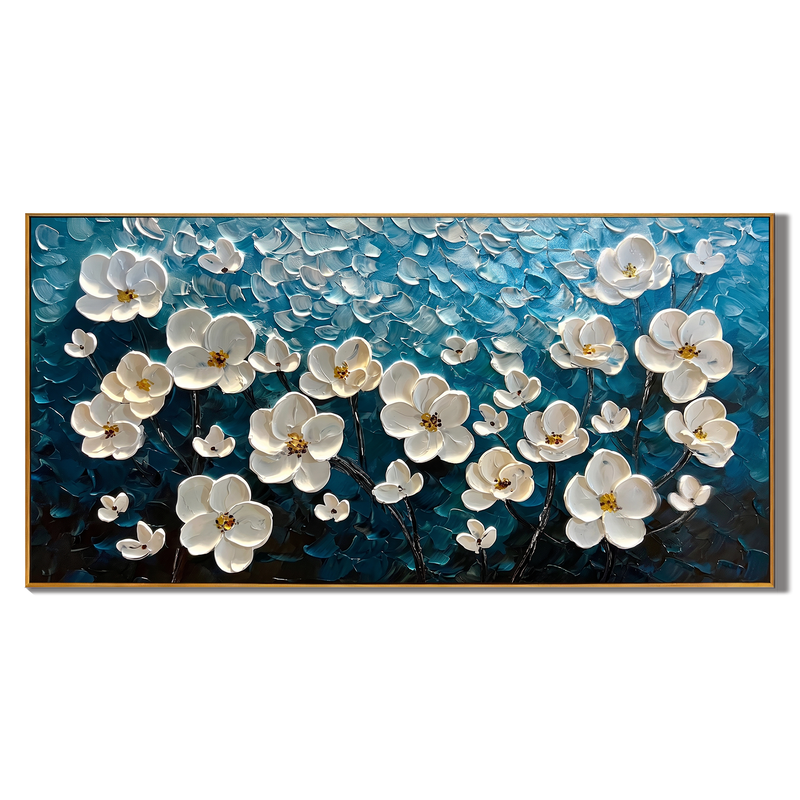 Lunar Serenity – Modern 3D Impasto Teal & White Floral | Minimalist Horizontal Living Room Wall Art