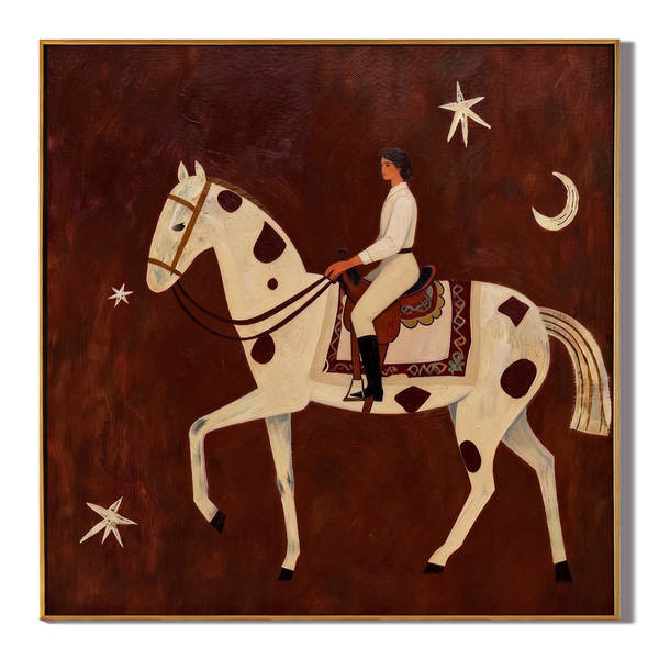 The Starry Canter – Magical Realism Horse & Rider Painting | Whimsical Rustic Entryway Art