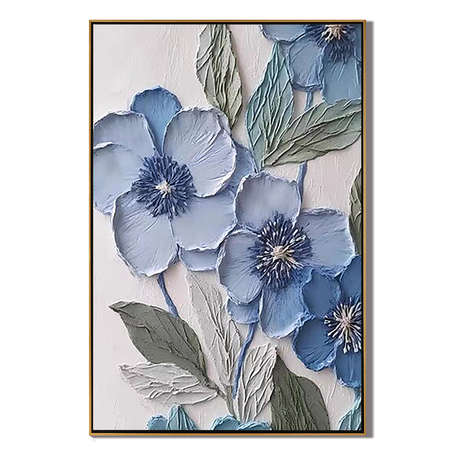 DUSTY BLUE: Floral Wall Art, Hand-Painted Grey Blue and Slate 3D Relief Plaster Effect Heavy Texture Studio Art