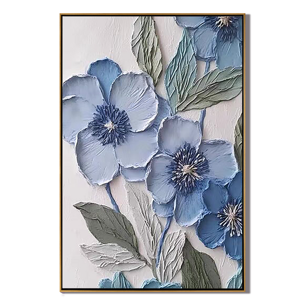 Dusty Blue – Hand-Painted Grey Blue and Slate 3D Relief Plaster Effect Floral Painting | Contemporary Botanical Bedroom & Living Room Art