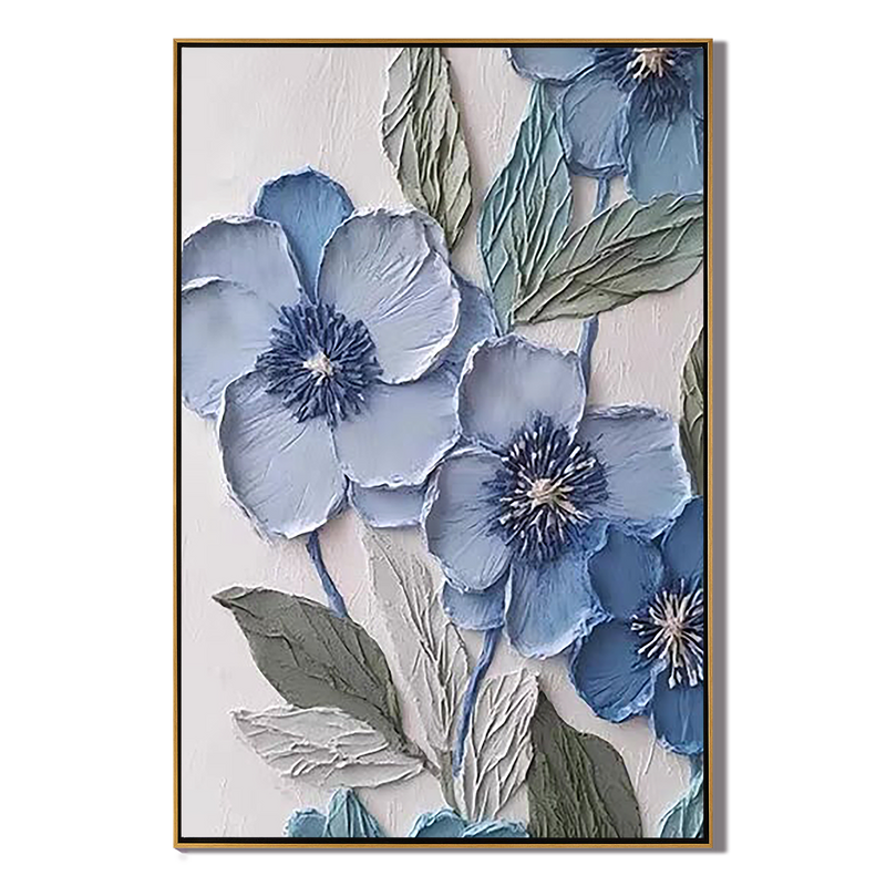 Dusty Blue – Hand-Painted Grey Blue and Slate 3D Relief Plaster Effect Floral Painting | Contemporary Botanical Bedroom & Living Room Art
