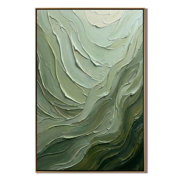 Verdant Flow – Hand-Painted Sage Green and Olive Wave Palette Knife Texture Painting | Modern Abstract Living Room & Office Art