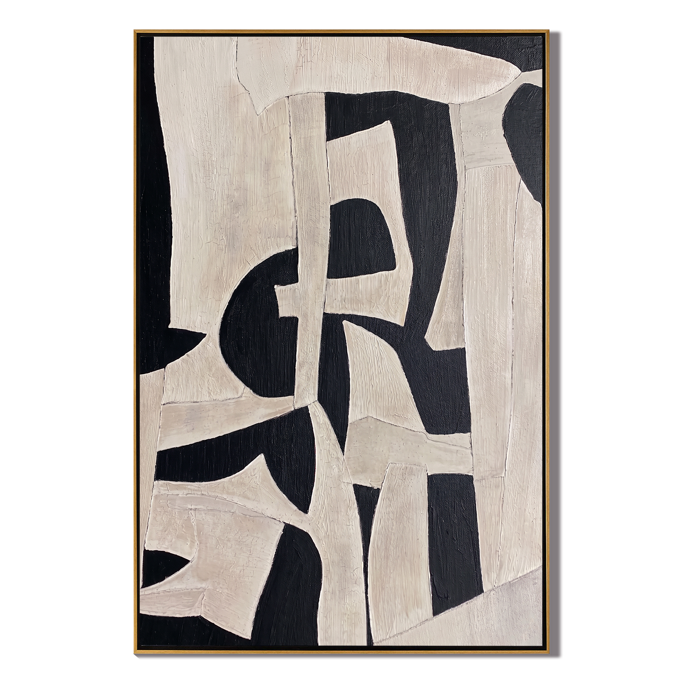 The Shifting Balance – Minimalist Black & Off-White Crackle Painting | High-End Abstract Hallway Art