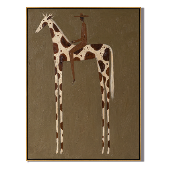 The Tall Ride – Vintage Americana Rider on Giraffe-Pattern Folk Painting | Boho Living Room Art